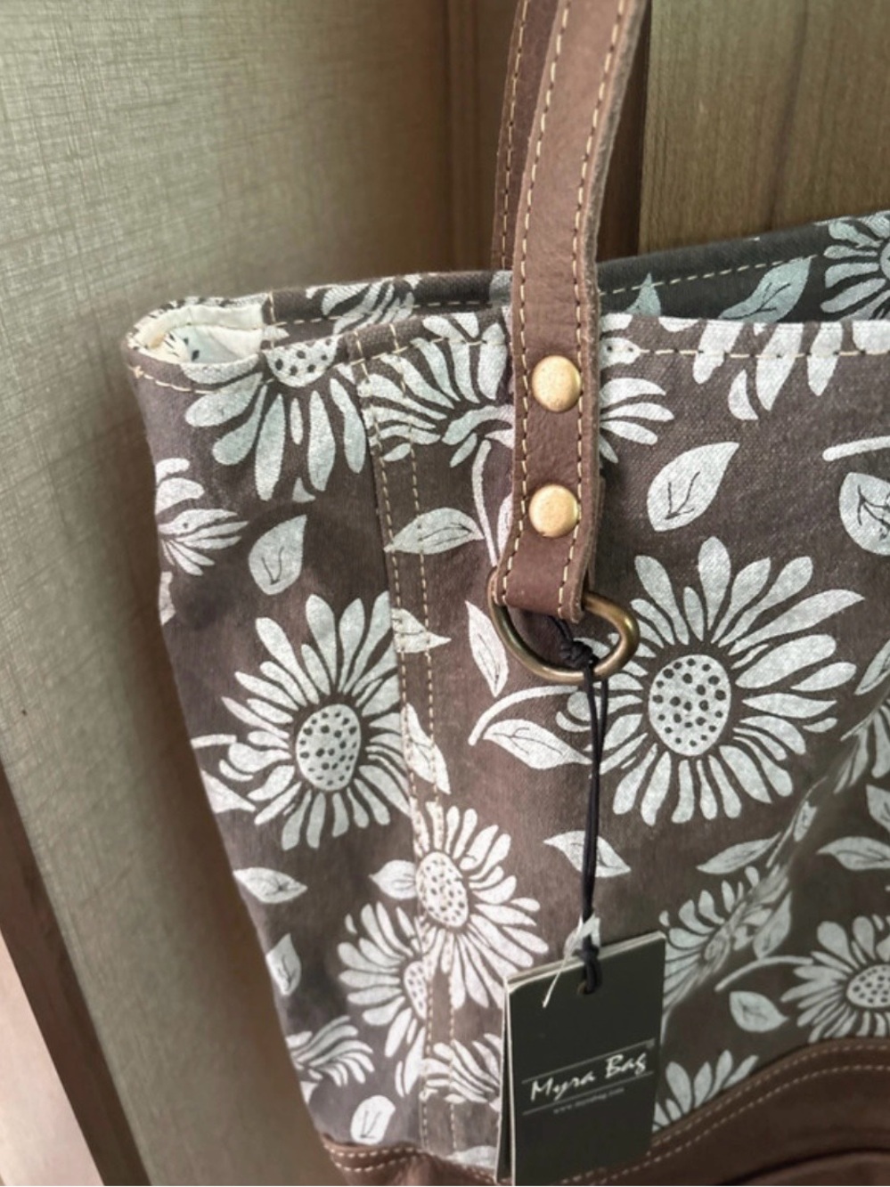 Myra Canvas Floral Tote Bag in Brown and White with Leather trim -NWT - Picture 4 of 8
